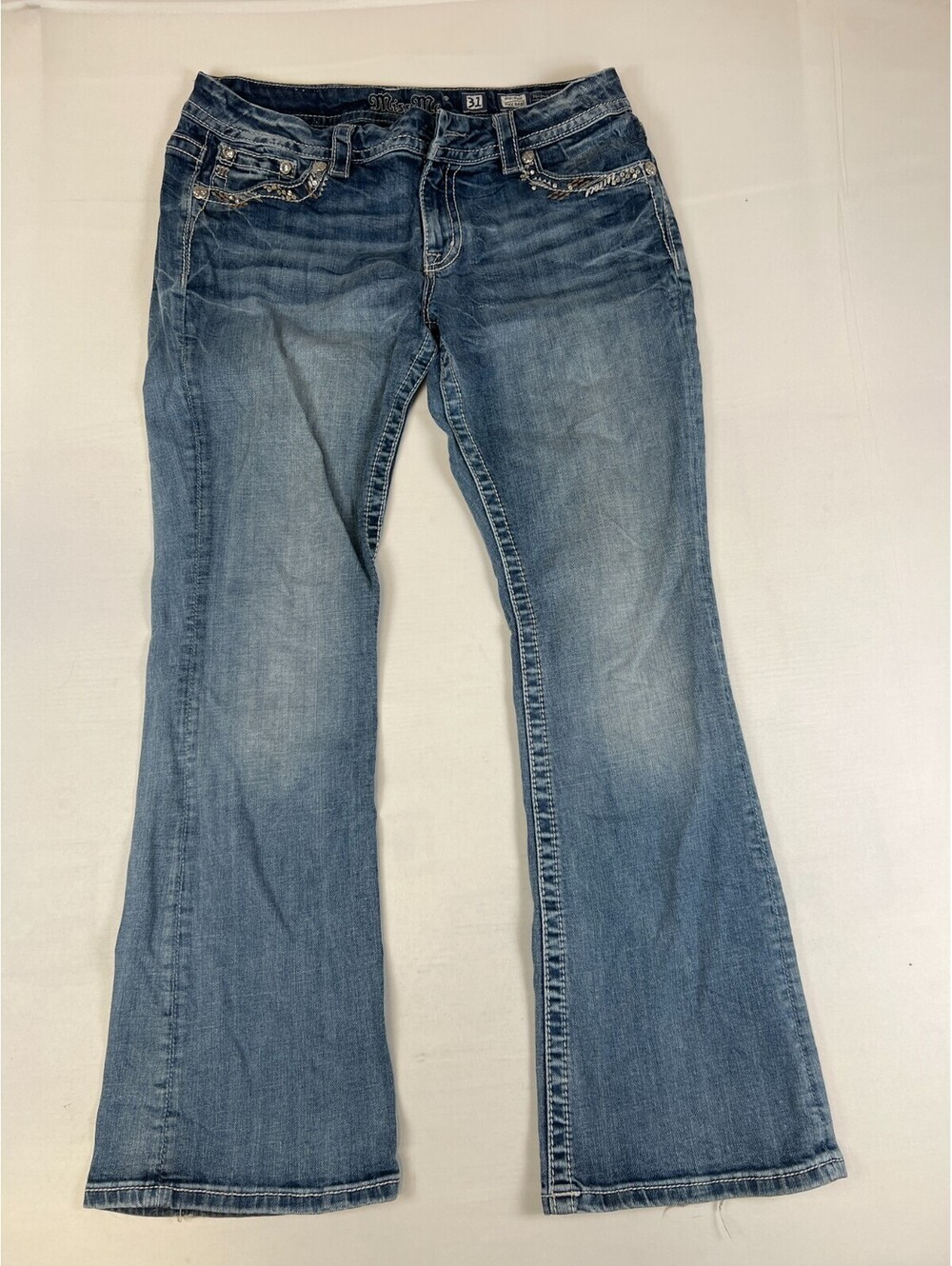 Miss Me Womens 31 Easy Boot Mid Rise Embellished Blue Denim Jeans Vtg 76 Wash